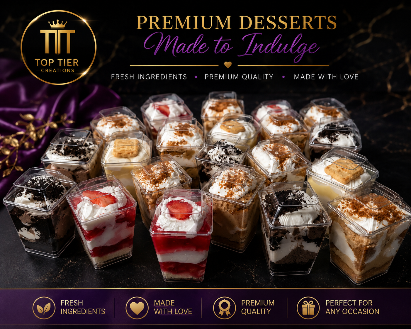 Premium layered dessert cups on black marble with purple velvet